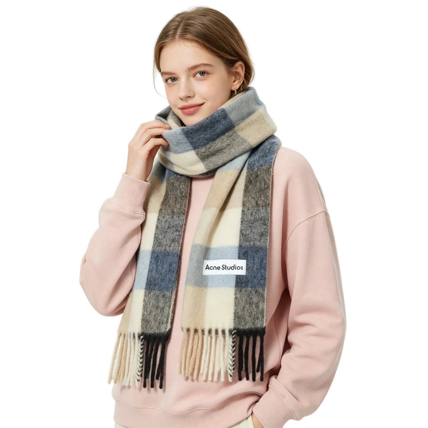 Acne Studios Mohair Checked Scarf Blue Beige Black
