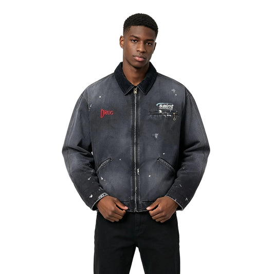 SAINT MXXXXXX - Corduroy-Trimmed Logo-Embroidered Distressed Cotton-Canvas Jacket - Black