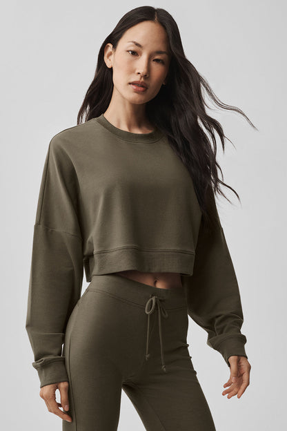 Cropped Sway Crew Neck Pullover - Olive Tree