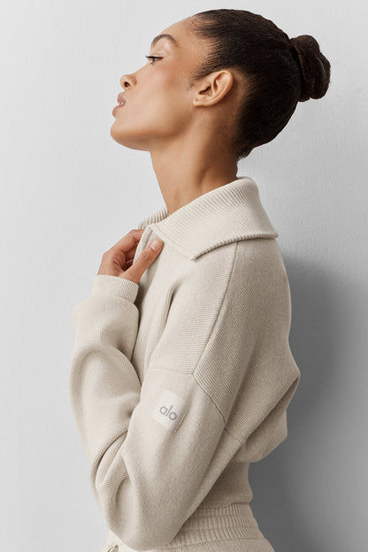 Scholar Knit Cropped Full Zip Jacket - Oatmeal Heather