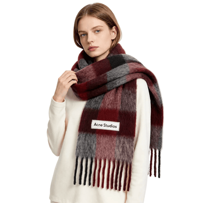 ACNE STUDIOS Red & Gray Check Fringe Scarf