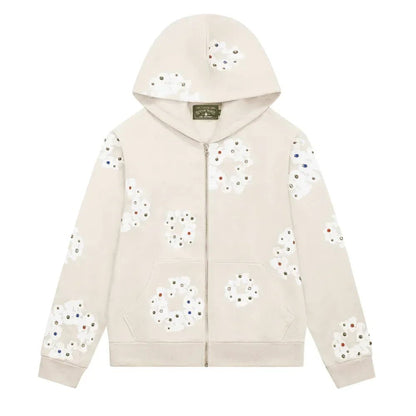 Denim Tears Rhinestone Wreath Zip Hoodie Oatmeal