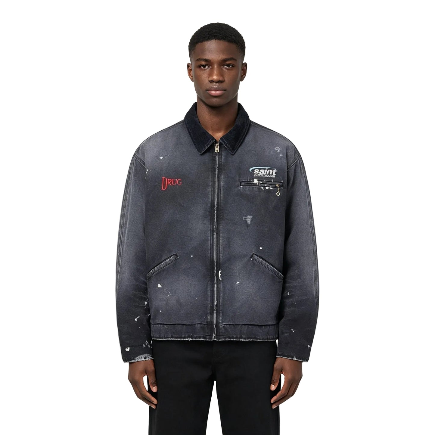 SAINT MXXXXXX - Corduroy-Trimmed Logo-Embroidered Distressed Cotton-Canvas Jacket - Black