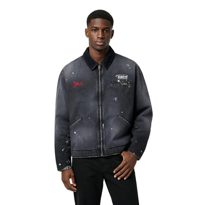 SAINT MXXXXXX - Corduroy-Trimmed Logo-Embroidered Distressed Cotton-Canvas Jacket - Black