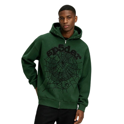 Sp5der Og Web Studded Zip Hoodie Green