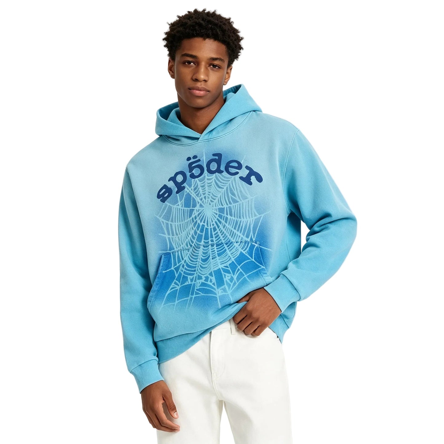 Sp5der OG Web V2 Spray Hoodie Light Blue