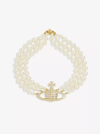 VIVIENNE WESTWOOD Triple-Row Faux-Pearl Orb Pendant Choker Brass(2 Colors)